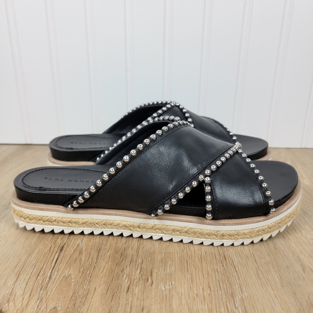 Zara Silver Studded Black Cross Strap Espadrille Slides